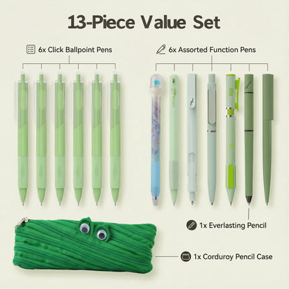 Rarler 13PCS Smart Pen Set with Monster Pencil Case - 8 Unique Styles (Twist, Everlasting, Grip, Click, Retractable, Agile, Erasable Gel, 6x0.5mm Ballpoint) - Back to School Supplies for Students,sohochic