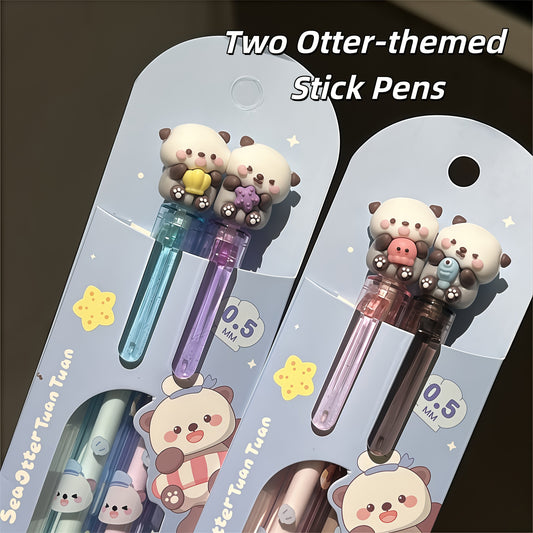 2-Pack Cute Sea Otter Snap Gel Pens, Styles A&B, Healing Ocean Theme, 0.5mm Black Smooth Ink, Three-Dimensional Sea Otter Pen Tip, Double Cute Sea Otter Design, Student Classroom Note-Taking and Homework Writing Stationery