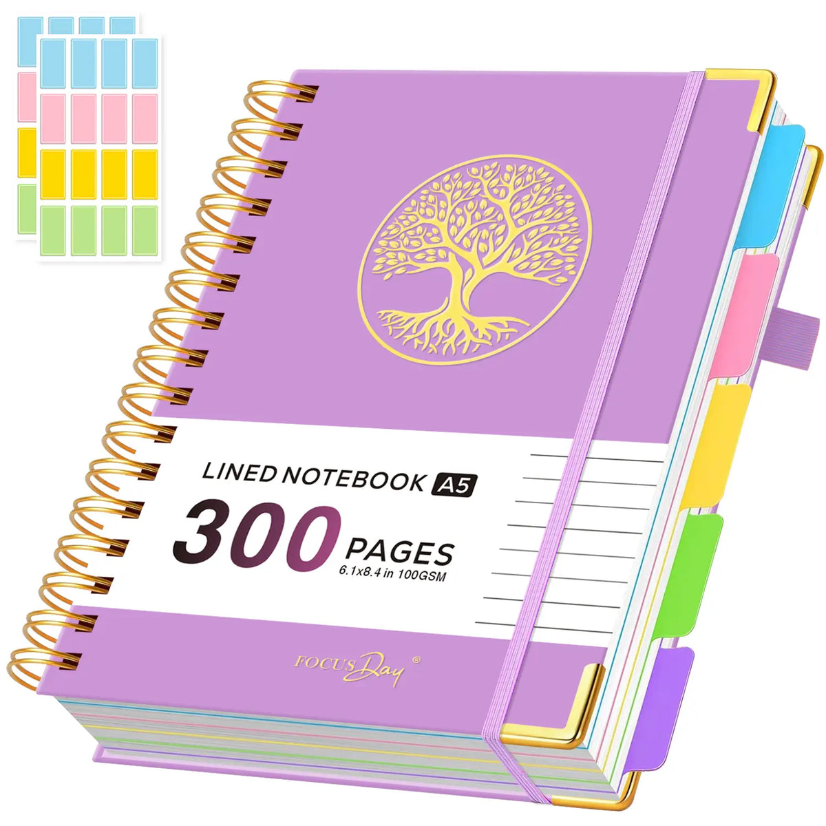 Hardcover Spiral-Bound 5-Subject College Ruled A5 Notebook (6.1in X 8.4in) - 300 Pages Lined Paper, Removable Dividers Tabs, 2 Stickers, Student Stationary College Supplies Aesthetic Notebooks for Back to Class Note Taking,sohochic