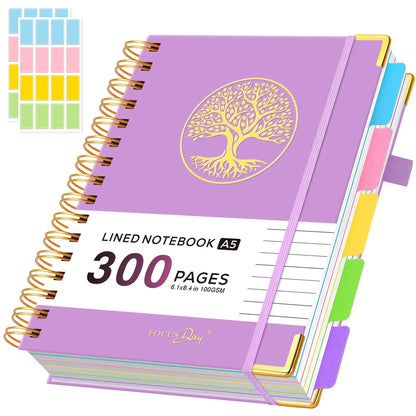 Hardcover Spiral-Bound 5-Subject College Ruled A5 Notebook (6.1in X 8.4in) - 300 Pages Lined Paper, Removable Dividers Tabs, 2 Stickers, Student Stationary College Supplies Aesthetic Notebooks for Back to Class Note Taking,sohochic