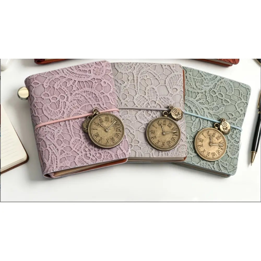 Retro Embossed Leather Journal – Mini Notebook with Metal Clock Charm and Strap Closure