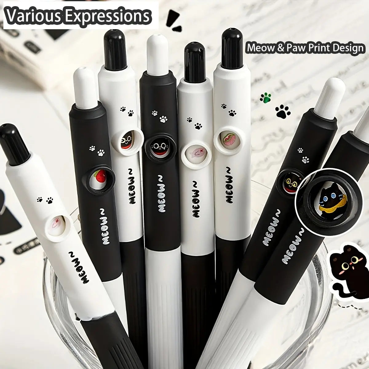 4pcs Kawaii Cat Rotate Gel Pens with Meow & Paw Print Design, 0.5mm Fine Point Quick-Dry Black Ink-Smooth Writing Retractable Pens Cute, Ergonomic Grip - for Students &School, Office, Diary, Journaling - Birthday/Christmas Gift, Stationery Writing Tools
