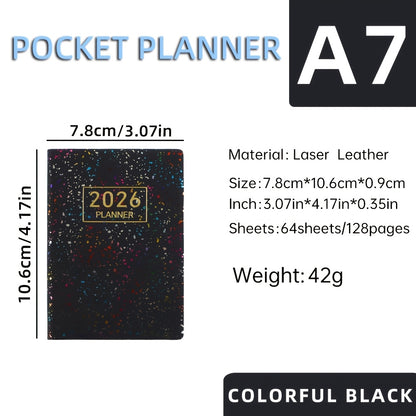 A7 Specification 2026 English Planner, Slim Weekly Planner, Starlight Color Mini Pocket Notebook, Daily Planner with Colorful Laser Cover, A7 Size: 3.07in X 4.17in
