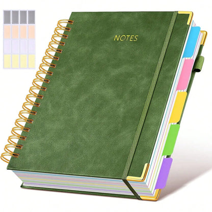 Leather Bound Journal - 8"x10" B5 Leather Hardcover Spiral School Notebook, 300 College-Ruled Paper Pages, Removable Divider Tabs, 5-Subject, Expandable Back Pocket, for School Work, Office Accessories