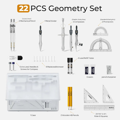 Nicpro 22-Piece Compact Portable Measuring Marking Tool Set with Case - 6in Rulers (Inch/cm Scales), Adjustable Arm Swing-Arm Protractor, High-Quality Metal Compasses, Square Set, Mechanical Pencil for Office, Homework, On-the-Go Tasks
