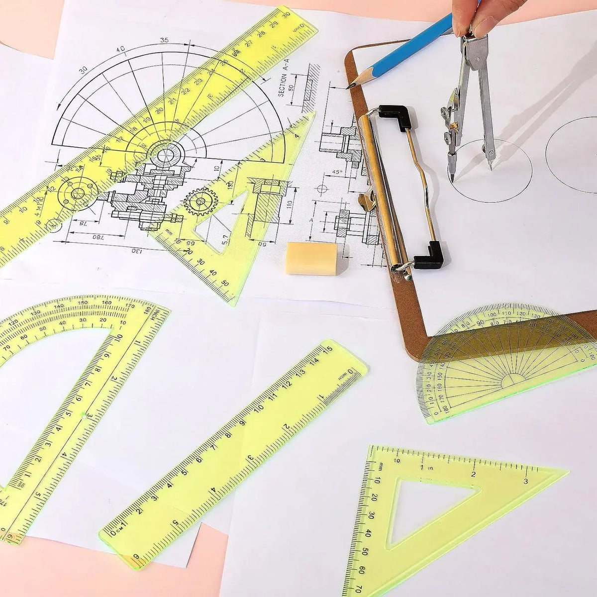 Transparent Yellow Plastic Geometry Math Set for Office Supplies, Artists & Designers – Drawing Compass, 12in/6in Rulers, 6in/4in Protractors, 45°/60° Triangle Rulers, Hollow Design for Enhanced Visibility, 1 Set
