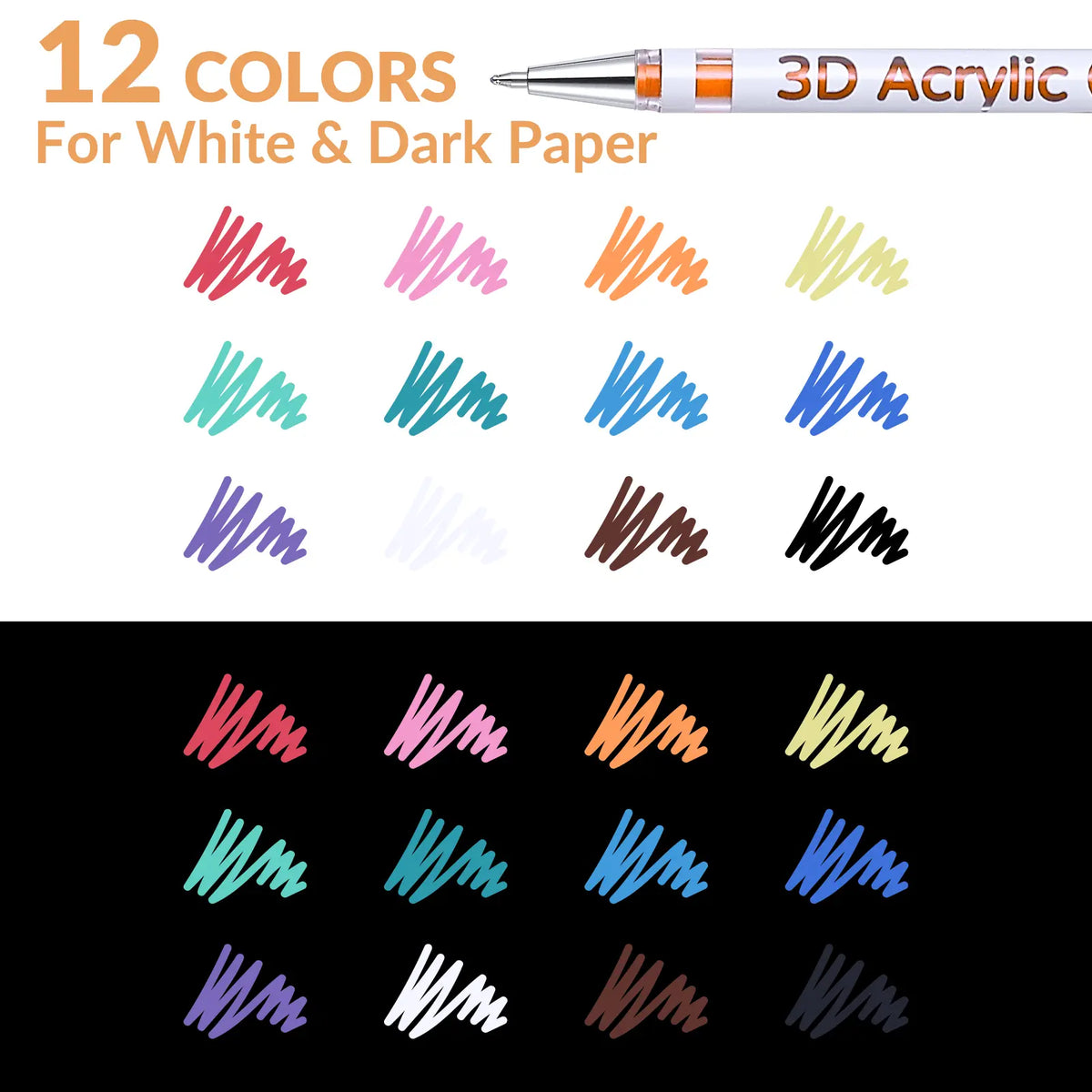 KEMYR 3D Acrylic Gel Pens, 12/24/36/48 Bold Vibrant Ink Colors, 1mm Bullet Tip, Smooth Writing, for Dark Black Paper, Doodle Art, Greeting Card Crafting, Sketchbook Ideas, Fabric, Leather, Office Art Supplies