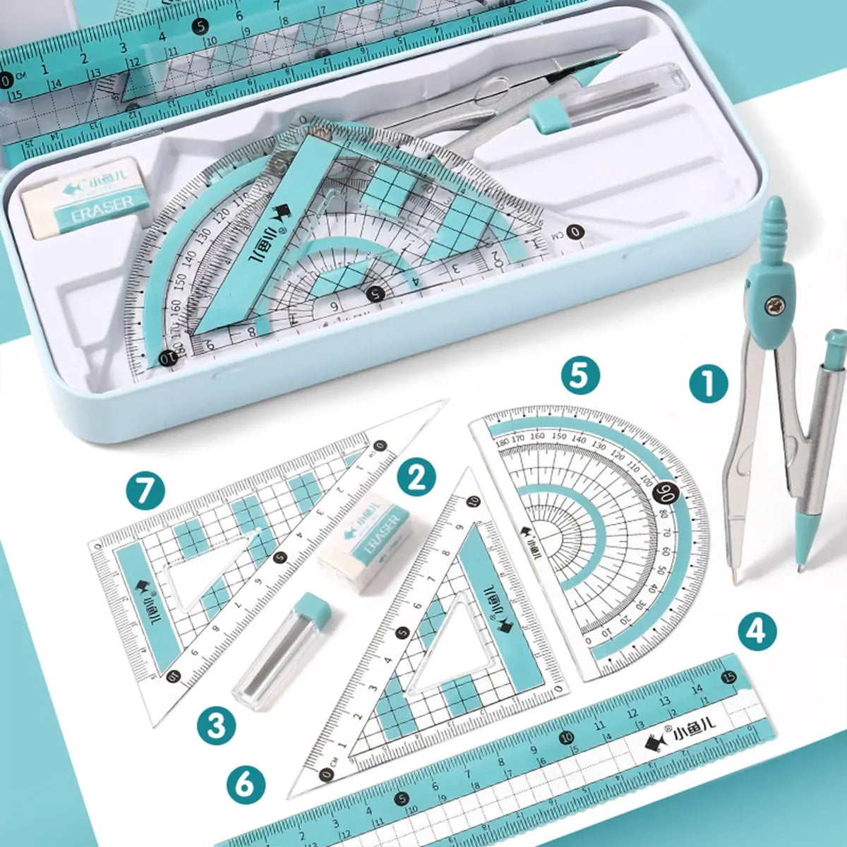 1Pc/2Pcs Geometry Tool Set with Metal Case, 7-Piece Drafting Kit Including Compass, Protractor, Straight Ruler, Triangle Rulers, Eraser and Lead Refills, Accurate Portable Measuring Tool, Measuring Instrument for Drawing, Design, Math and Office Use