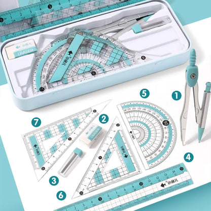 1Pc/2Pcs Geometry Tool Set with Metal Case, 7-Piece Drafting Kit Including Compass, Protractor, Straight Ruler, Triangle Rulers, Eraser and Lead Refills, Accurate Portable Measuring Tool, Measuring Instrument for Drawing, Design, Math and Office Use