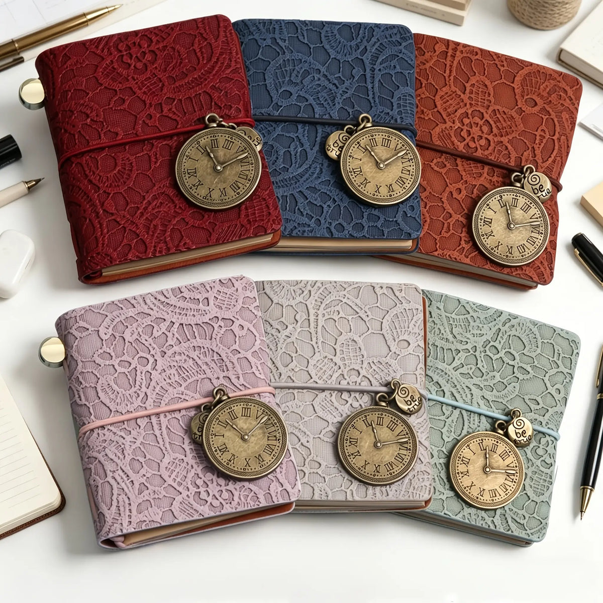 Retro Embossed Leather Journal – Mini Notebook with Metal Clock Charm and Strap Closure