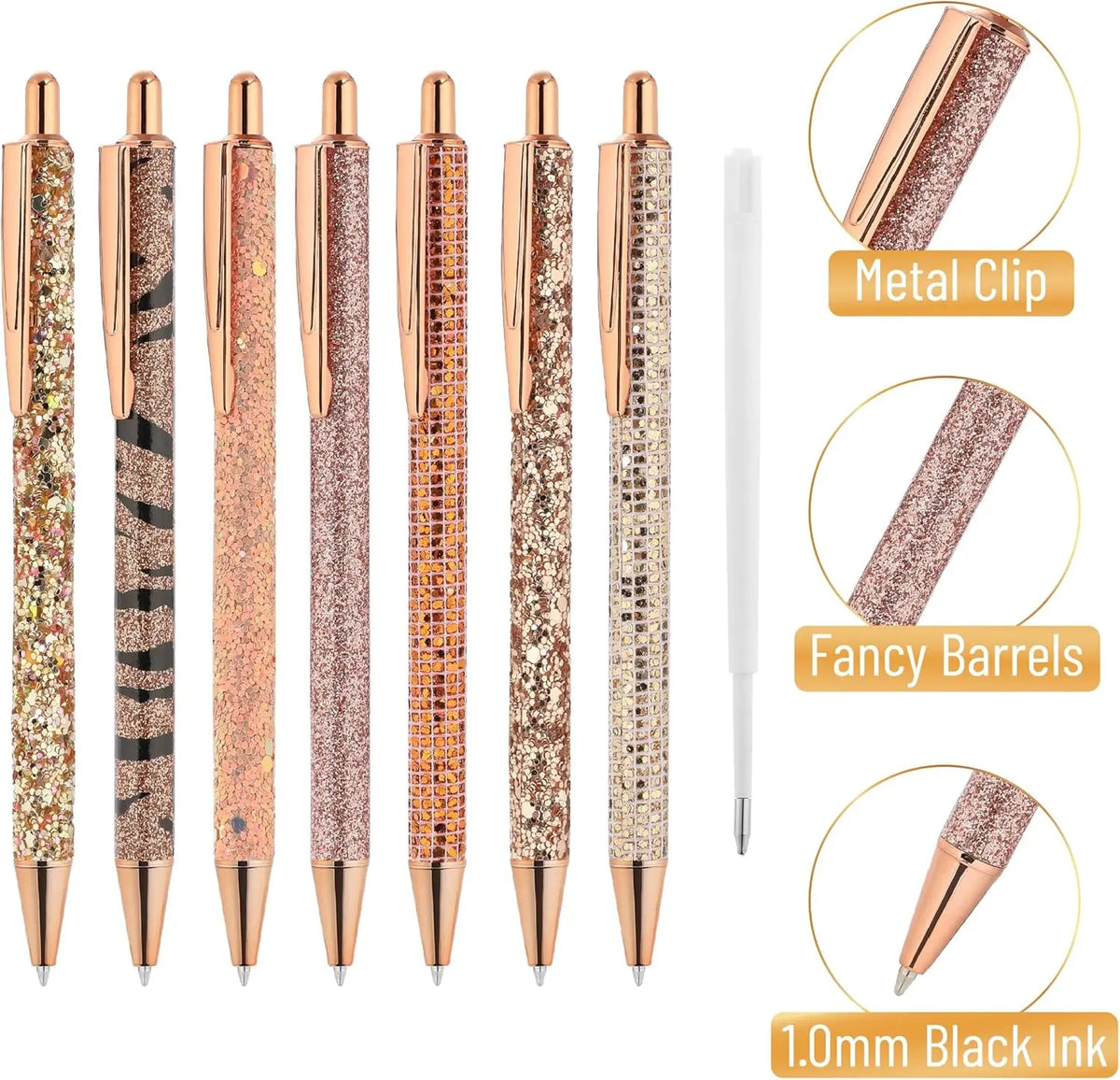 Mr. Pen Women's Rose Gold Reverie Cute Style Pens & Refills - 7 Retractable 1.0mm Gel Ink Ballpoint Writing Tools, 10 Extra Refills for Journaling (Office Stationery), Retractable Tip