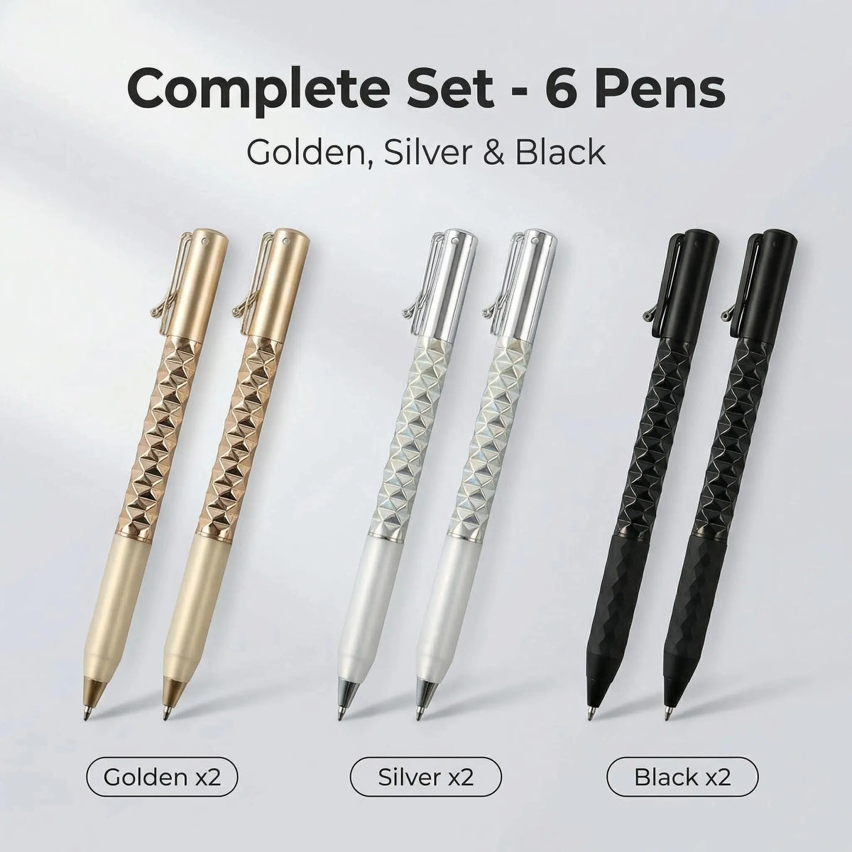 One-Click Deformable Pen, Geometric Shape-Shifting Pen - 6 Pack ( 2 Black, 2 Silver, 2 Gold) | Press to Form Diamond Crinkle Design | Multi-Functional Creative Gift for Writing, Drawing & Stress Relief