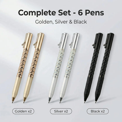 One-Click Deformable Pen, Geometric Shape-Shifting Pen - 6 Pack ( 2 Black, 2 Silver, 2 Gold) | Press to Form Diamond Crinkle Design | Multi-Functional Creative Gift for Writing, Drawing & Stress Relief