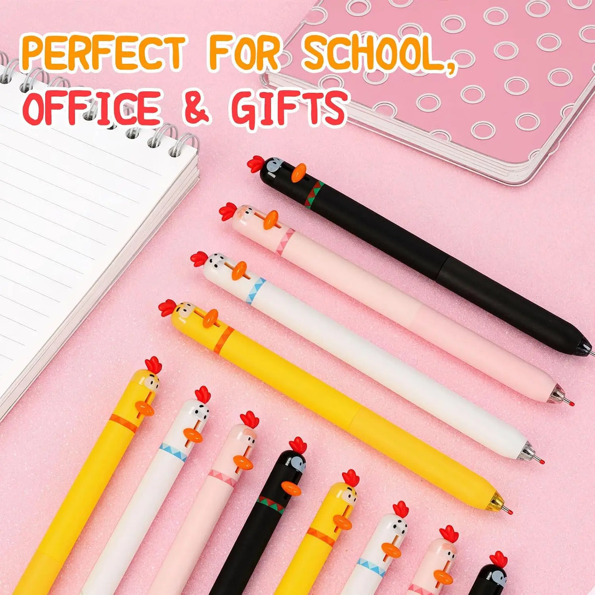 12 count Funny Chicken Retractable Gel Pens Cute Novelty Pens with Beak Click, 0.5mm Fine Point Black Ink, Cartoon Writing Pens for Students, Office, School, Gifts (Chicken, 12)
