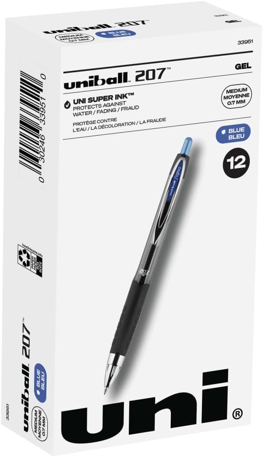 uniball™ 207 Gel Pens, Black Ink, 0.7mm Medium Point, Retractable, 12 Count