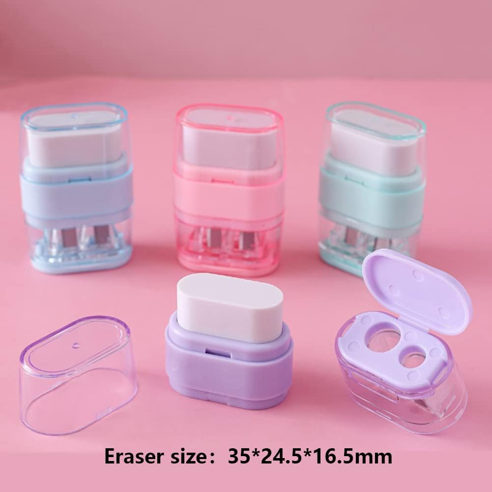 4 PCS Manual Pencil Sharpener with Eraser, Double Hole Multicolored Sharpener with Eraser Fun Stationery Back to School Supplies, Classroom Rewards, and Birthday Party Favors