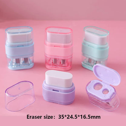 4 PCS Manual Pencil Sharpener with Eraser, Double Hole Multicolored Sharpener with Eraser Fun Stationery Back to School Supplies, Classroom Rewards, and Birthday Party Favors