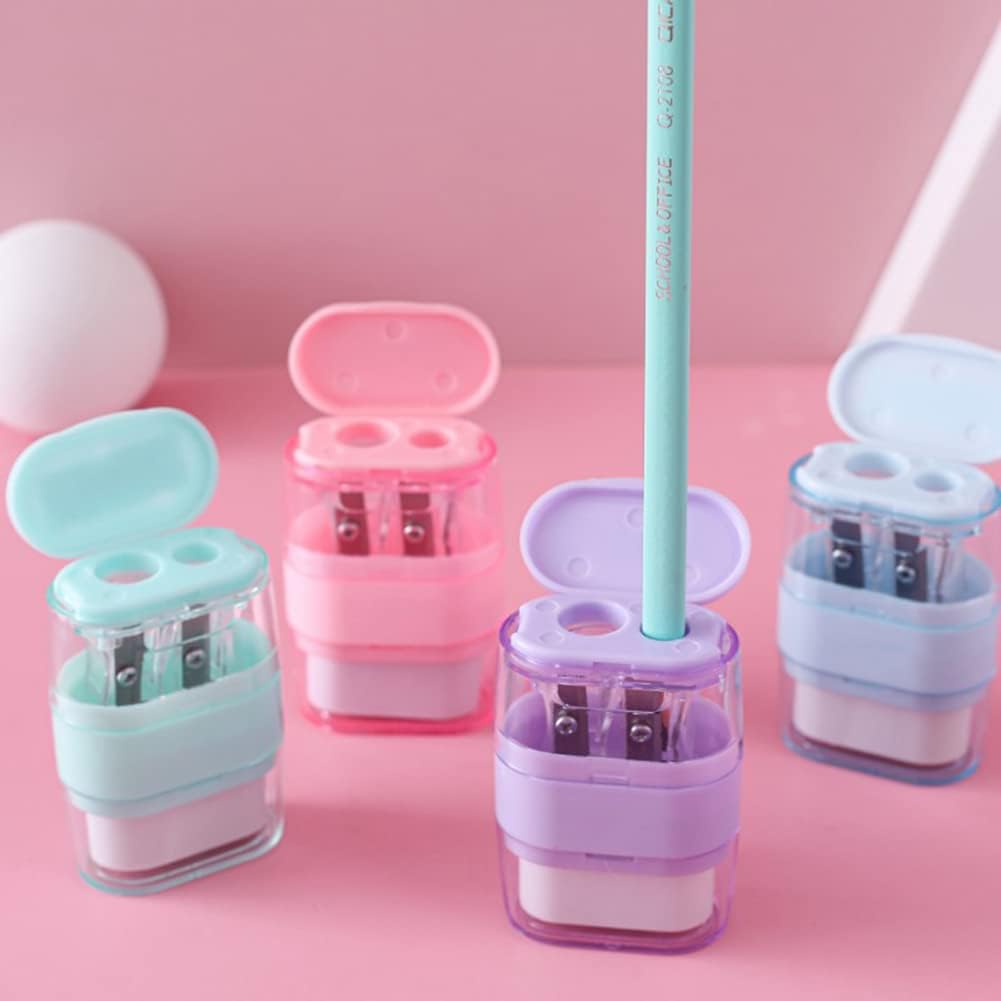 4 PCS Manual Pencil Sharpener with Eraser, Double Hole Multicolored Sharpener with Eraser Fun Stationery Back to School Supplies, Classroom Rewards, and Birthday Party Favors
