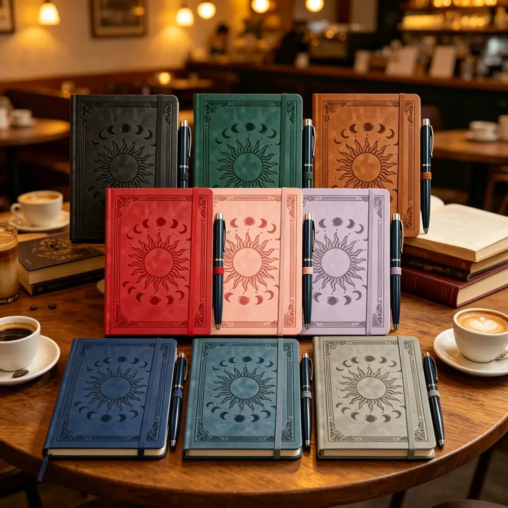 5pcs Horizontal Notebook With 5 Pens - Academic Notebook, Retro Embossed PU Leather Hard Shell Ledger, 160 Page Aesthetic Diary, A5 Hard Shell Administrative Notebook, Stationery Notebook, Memo Pad, Suitable For Students And Office Workers