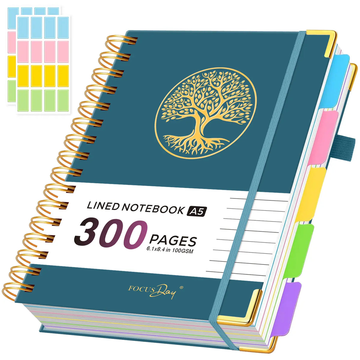 Hardcover Spiral-Bound 5-Subject College Ruled A5 Notebook (6.1in X 8.4in) - 300 Pages Lined Paper, Removable Dividers Tabs, 2 Stickers, Student Stationary College Supplies Aesthetic Notebooks for Back to Class Note Taking,sohochic
