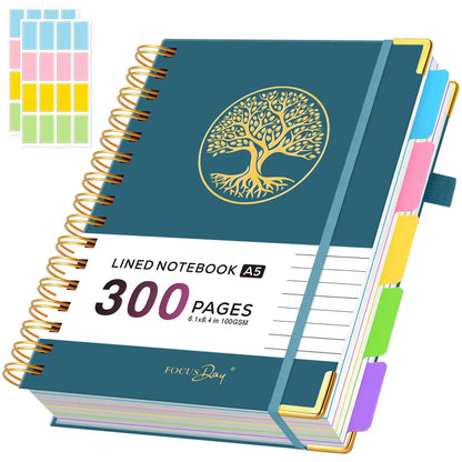 Hardcover Spiral-Bound 5-Subject College Ruled A5 Notebook (6.1in X 8.4in) - 300 Pages Lined Paper, Removable Dividers Tabs, 2 Stickers, Student Stationary College Supplies Aesthetic Notebooks for Back to Class Note Taking,sohochic