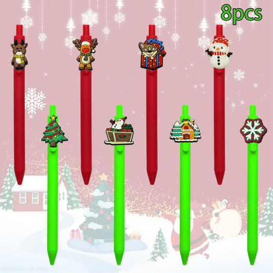 8PCS Christmas-themed retractable ballpoint pen, click-action gel pen with campus design for students and teachers, small gift stationery, Christmas pen sleeve