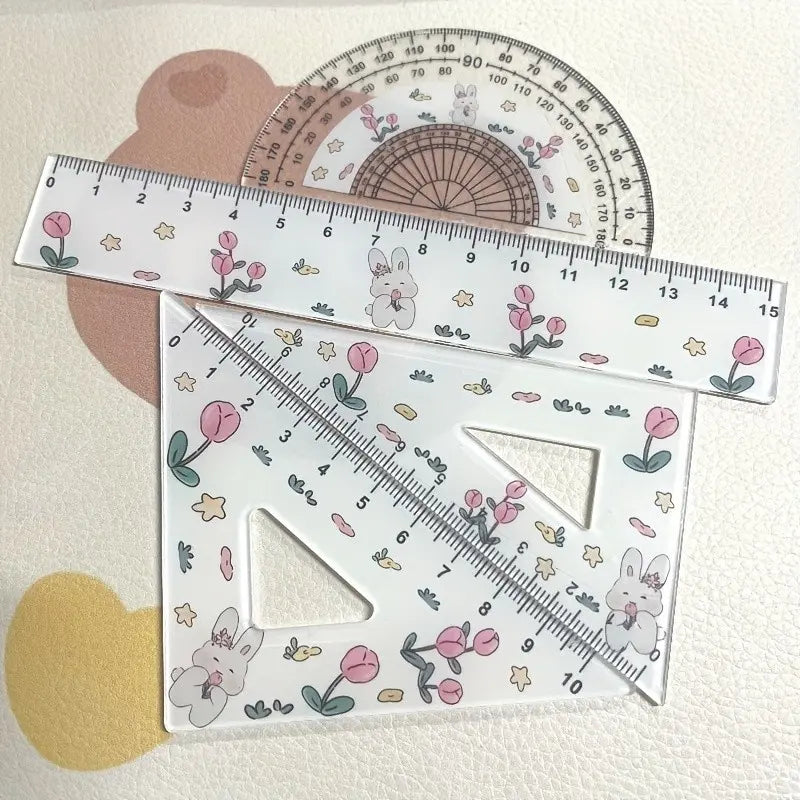 4/8pcs Cute Rabbit Tulip Pattern Ruler Set, 1 Set Ruler, Testing Drawing 4pcs Set Ruler, Ruler And Triangle, Cute Rabbit Tulip Ruler Stationery