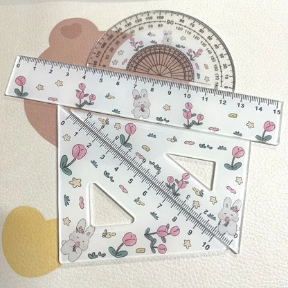 4/8pcs Cute Rabbit Tulip Pattern Ruler Set, 1 Set Ruler, Testing Drawing 4pcs Set Ruler, Ruler And Triangle, Cute Rabbit Tulip Ruler Stationery