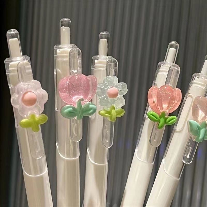 Floral Pattern Click Gel Pens, Quick-Drying Black Ink 0.5mm Fine Tip, Smooth Writing, Suitable for Journaling and Drawing, 4 pcs, Random Patterns, Back-to-School Essential