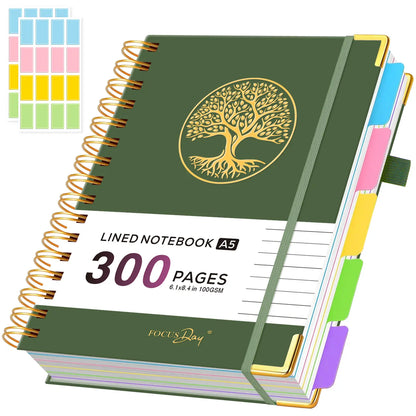 Hardcover Spiral-Bound 5-Subject College Ruled A5 Notebook (6.1in X 8.4in) - 300 Pages Lined Paper, Removable Dividers Tabs, 2 Stickers, Student Stationary College Supplies Aesthetic Notebooks for Back to Class Note Taking,sohochic