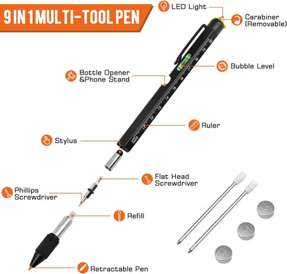 Aluminum 9-in-1 Compact Pen Tools Kit - LED Light, Bottle Opener, Ruler, Stylus Included - for Office, DIY Home Repair - Ideal Birthday Gift for Men - 2 Pack Value Set,sohochic