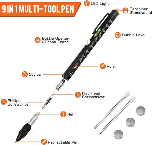 Aluminum 9-in-1 Compact Pen Tools Kit - LED Light, Bottle Opener, Ruler, Stylus Included - for Office, DIY Home Repair - Ideal Birthday Gift for Men - 2 Pack Value Set,sohochic