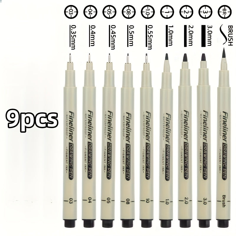 Multi-Line Drawing Pen Set: 5/6/9pcs Black Fine Waterproof Ink Pens for Document Writing, Line Art Painting, Dot Journaling, Sketch Outlines & Cartoon Animation – Essential Office Accessories for Professional Artistic Use