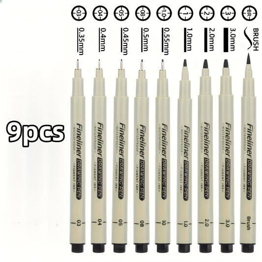 Multi-Line Drawing Pen Set: 5/6/9pcs Black Fine Waterproof Ink Pens for Document Writing, Line Art Painting, Dot Journaling, Sketch Outlines & Cartoon Animation – Essential Office Accessories for Professional Artistic Use