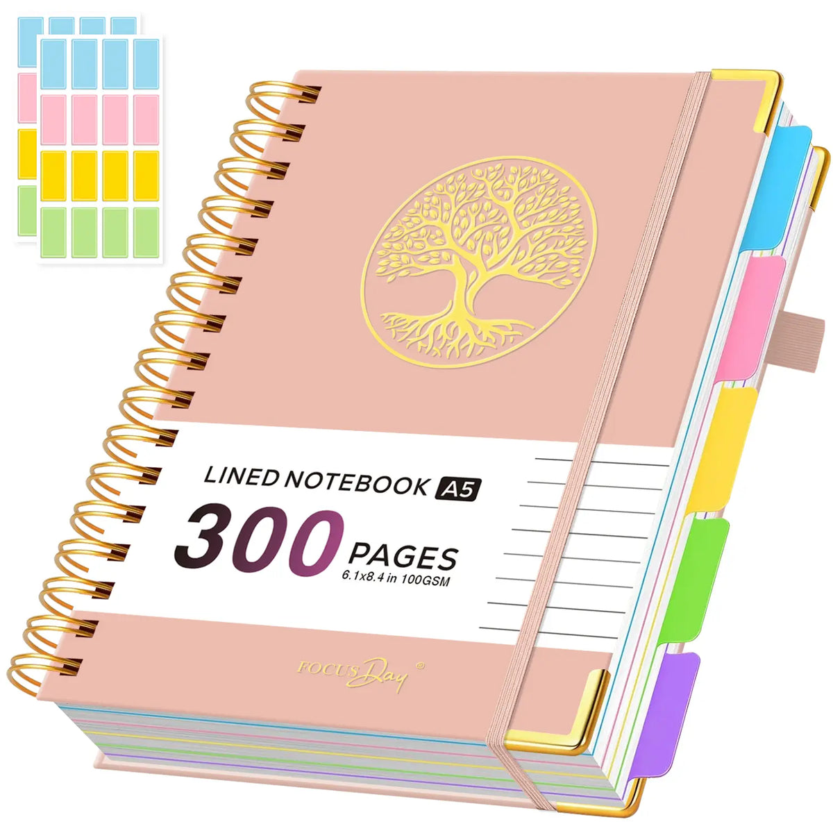 Hardcover Spiral-Bound 5-Subject College Ruled A5 Notebook (6.1in X 8.4in) - 300 Pages Lined Paper, Removable Dividers Tabs, 2 Stickers, Student Stationary College Supplies Aesthetic Notebooks for Back to Class Note Taking,sohochic