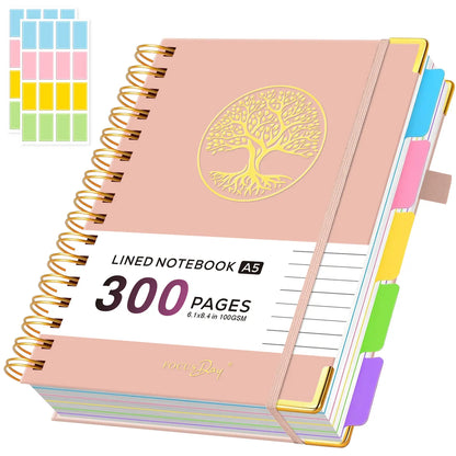 Hardcover Spiral-Bound 5-Subject College Ruled A5 Notebook (6.1in X 8.4in) - 300 Pages Lined Paper, Removable Dividers Tabs, 2 Stickers, Student Stationary College Supplies Aesthetic Notebooks for Back to Class Note Taking,sohochic
