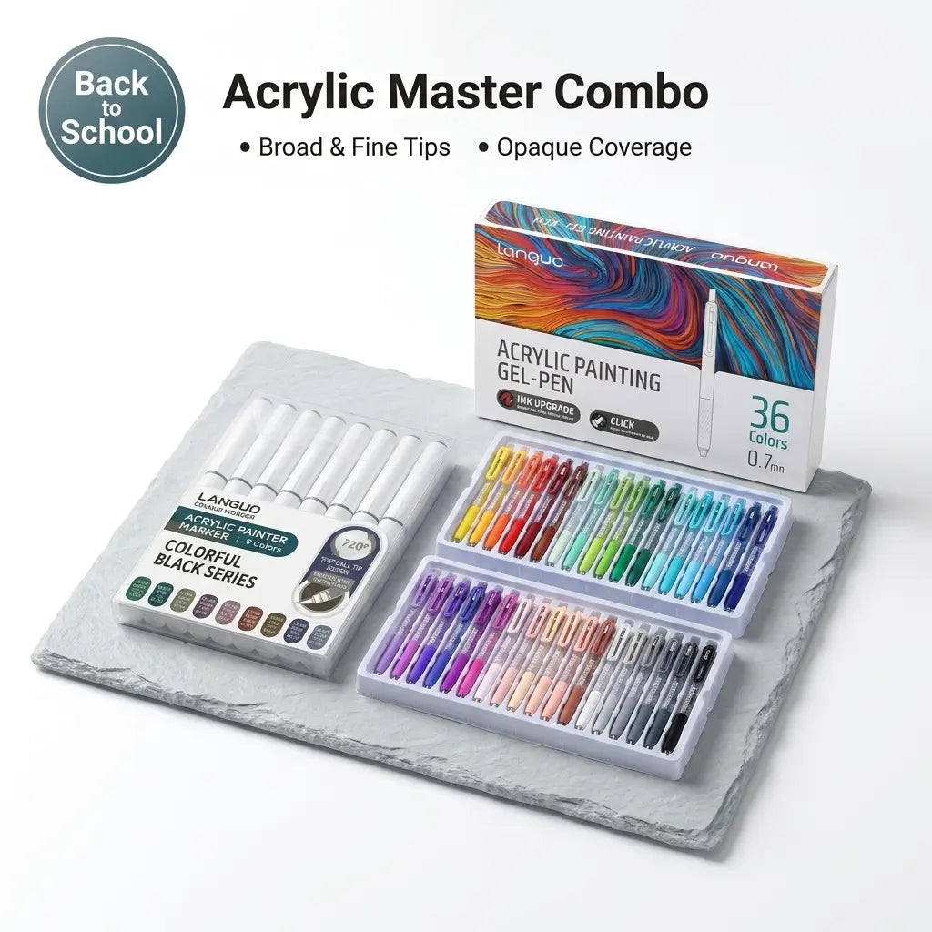 Languo 45-Color Acrylic Paint Master Combo Set - 45-Piece Office Stationery Gel Pens with Broad Tips, Fine Tips, Click-Action Retractable Design, High Opacity, Opaque Cover, High Precision, Erasable for Students' DIY Crafts, Festival Gifts