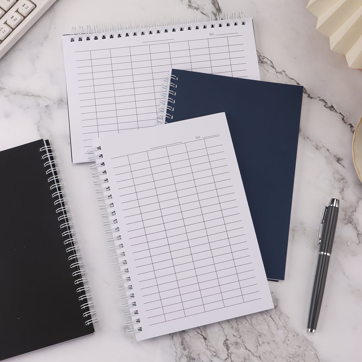 A5 Spiral Bound Grid Paper Notebook 100 Pages Blue/Black Textured Cover Horizontal/Vertical Layout Options for Time Tracking Ranking Accounting Inventory Management Activity Planning Grid Notebook