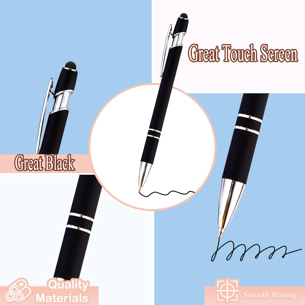PASISIBICK 12-Piece Black Ballpoint Pen with Stylus Tip, 2 in 1 Stylish Metal Touch Screen Pen - Black Ink, 1.0 mm Medium Point - 5.5 x 0.4 inch / 14 x 1 cm