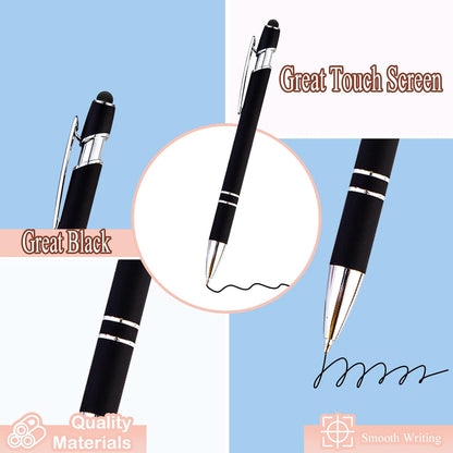 PASISIBICK 12-Piece Black Ballpoint Pen with Stylus Tip, 2 in 1 Stylish Metal Touch Screen Pen - Black Ink, 1.0 mm Medium Point - 5.5 x 0.4 inch / 14 x 1 cm