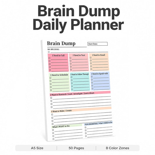 50 Page Brain Dump Notepad,Daily Planning Management Manual Multi-Functional Partitioned To-Do Notebook, Brain Dump Tear-Off To Do Notebook,Notepad Minimal Planning Tool A5 Size