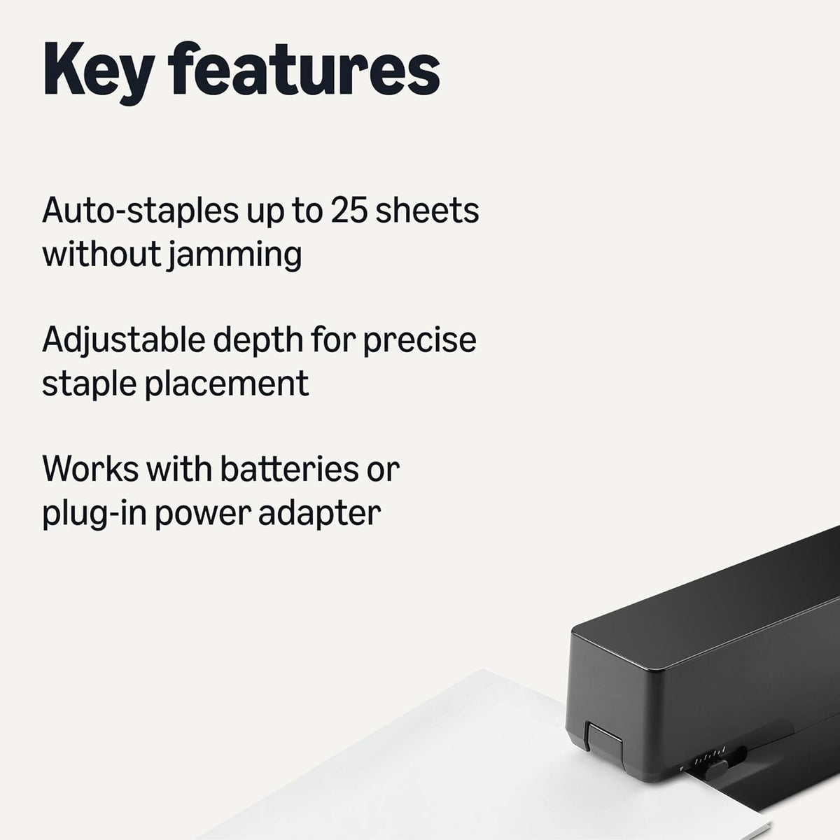 Amazon Basics Electric Automatic Stapler for Desk, 25 Sheet Capacity, No Jam Technology, Adjustable Staple Placement, Battery or AC Powered, Black