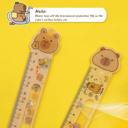 15CM Cute Capy Straighter Ruler, 2Pcs Plastic Clear Capy Bara Straighter Ruler, Plastic Measuring Tool Kawaii Kapibala Portable Stationery School Supplies Stationery Transparent