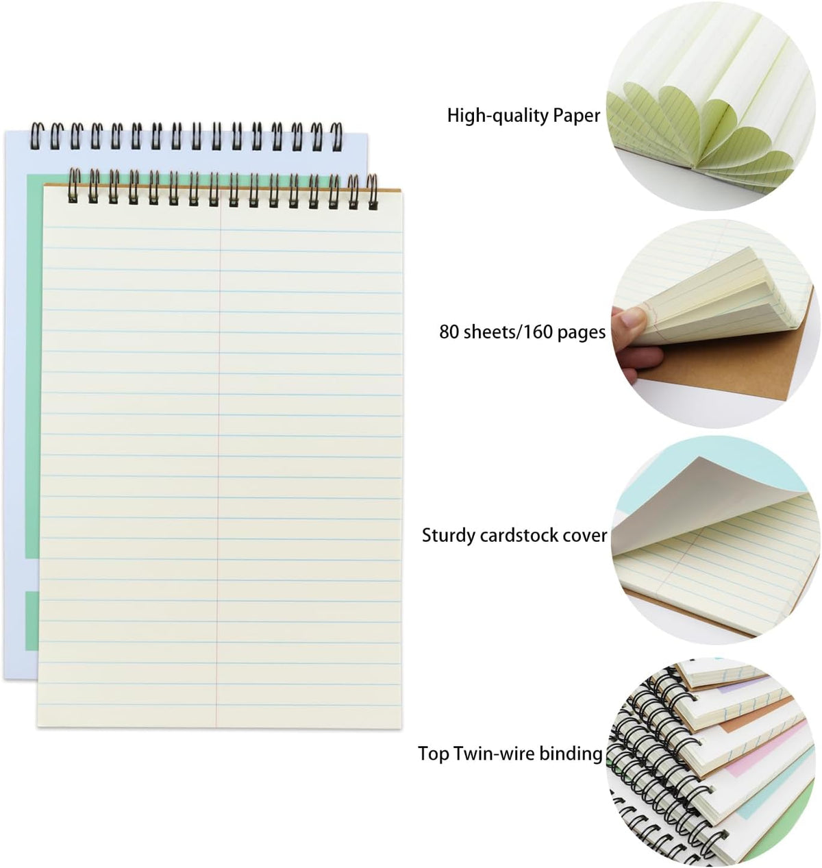 Steno Pad,6 Pack Top Spiral Notepads,6" x 9",80 Sheets, Gregg Rule Steno Notebook for Writing Notes in School, University, College, Office,Home