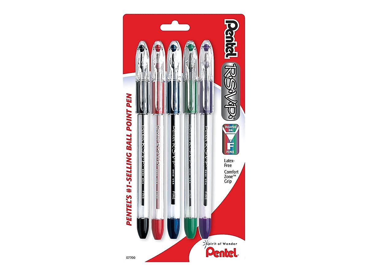 Pentel RSVP Ballpoint Pen, (0.7mm), Fine Line, Black Ink, Pack of 5 (BK90PF5A)