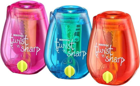 Bostitch Office Pencil Sharpener, Twist-N-Sharp, Easy Open Tray, Perfect for Kids, Works with Colored Pencils & Makeup Pencils, 3-Pack