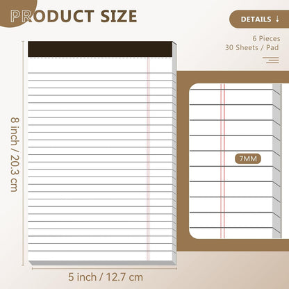Nichela 5" x 8" Note Pads 6 Pack of Legal Pads Narrow Ruled Notepad with Perforated Notepads 30 Sheets Small Writing Pads 21lb Legal Pad Quality Paper Ideal for Home, Office, or School Use
