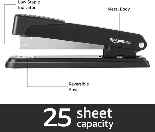 Amazon Basics Full-Strip Metal Office Desktop Stapler, 20 Sheet Capacity, Non-Slip, Black, 3-Pack