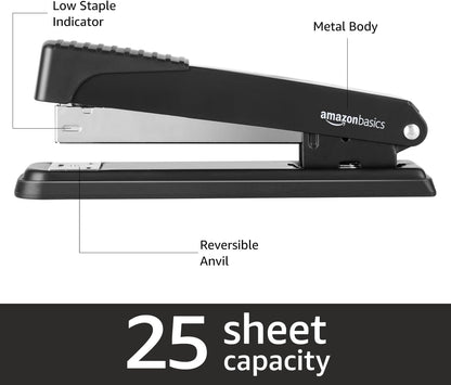 Amazon Basics Full-Strip Metal Office Desktop Stapler, 20 Sheet Capacity, Non-Slip, Black, 3-Pack