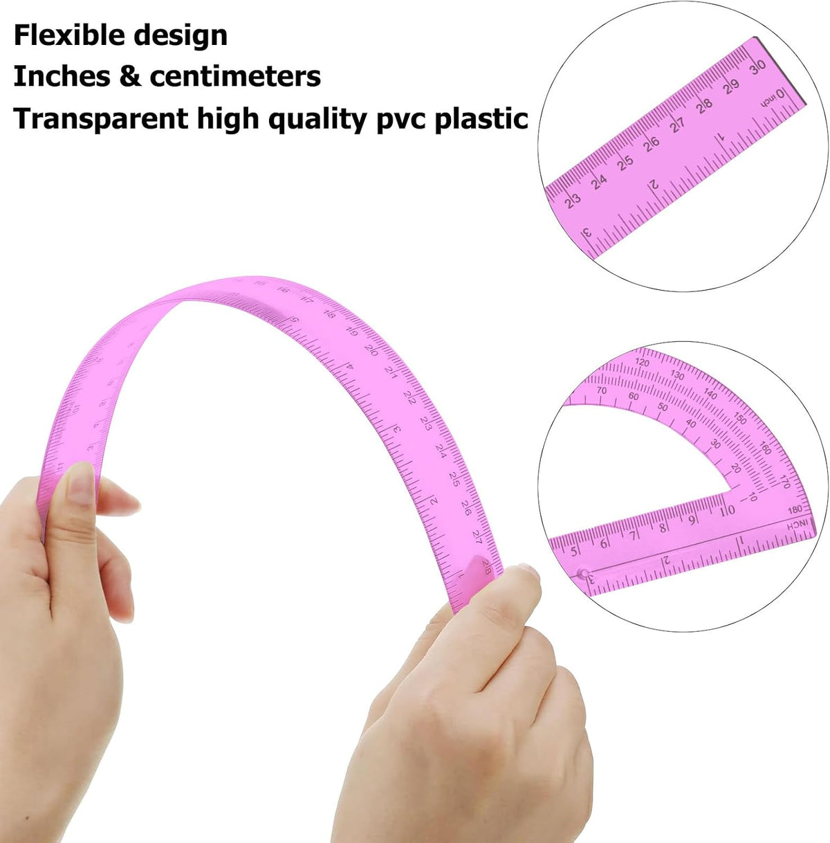 2 Packs 12 Inch Plastic Ruler and 6 Inch Plastic Protractor Set Clear Math Geometry Set Classroom Set Angle Detector School Supplies Classroom Ruler Home Office Drawings (Pink)